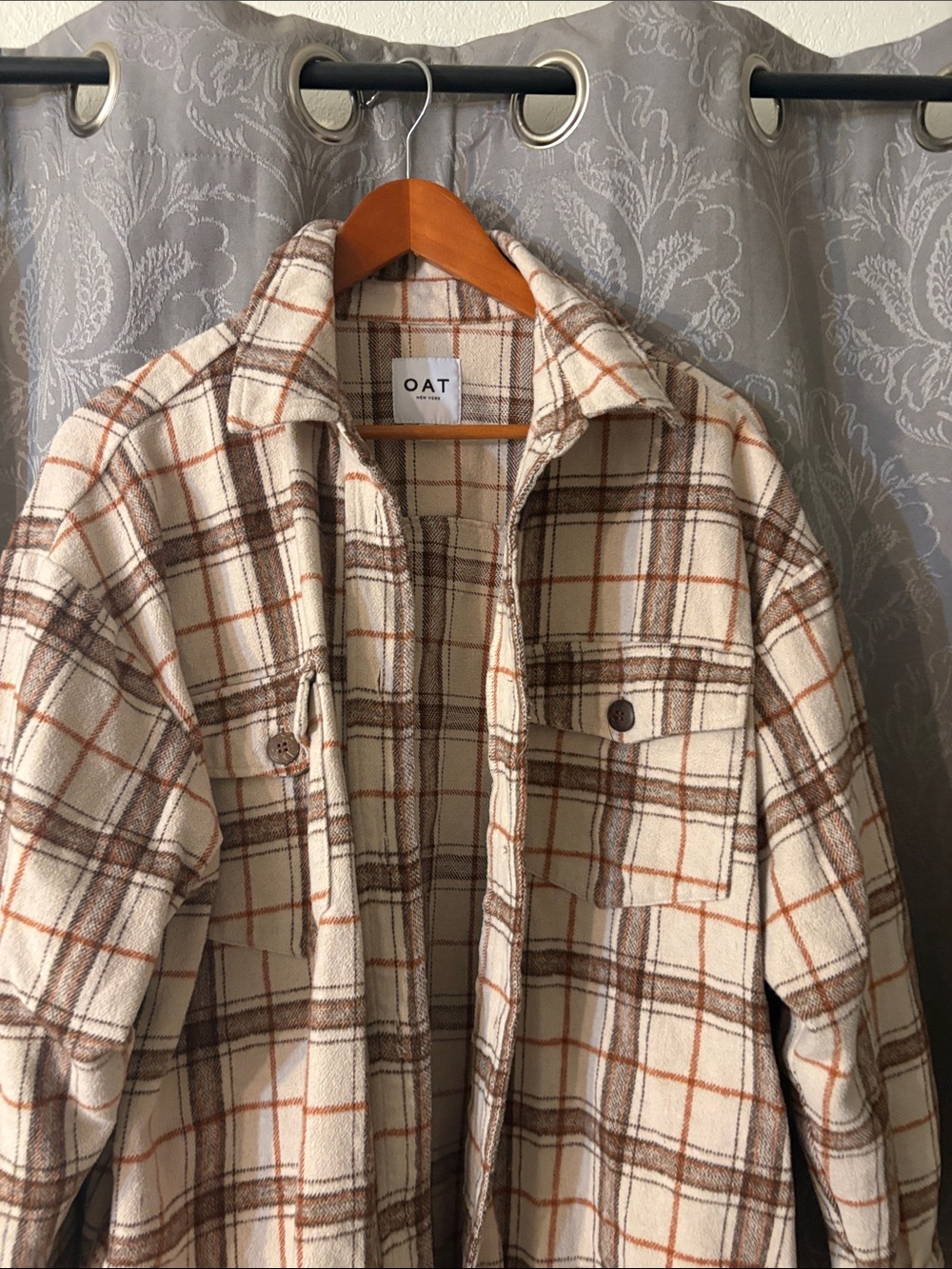 Oat New York Cream Plaid Shacket with Brown & Rust Lines